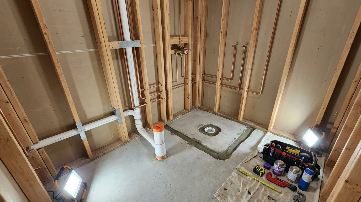 Bathroom rough-in plumbing during remodel by Johns Plumbing LLC in Dillingham