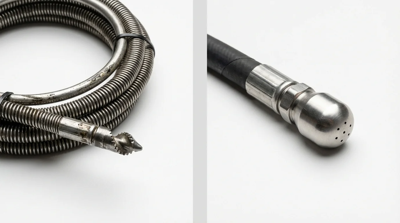 Drain snake cable and hydro jetting nozzle used for drain cleaning in Dillingham, AK