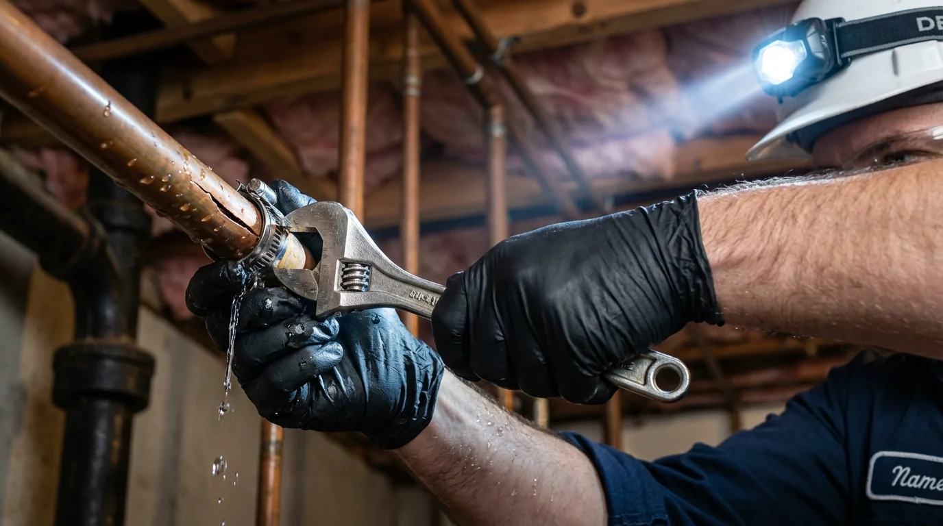 Emergency pipe clamp repair being performed by a Johns Plumbing LLC plumber in Dillingham