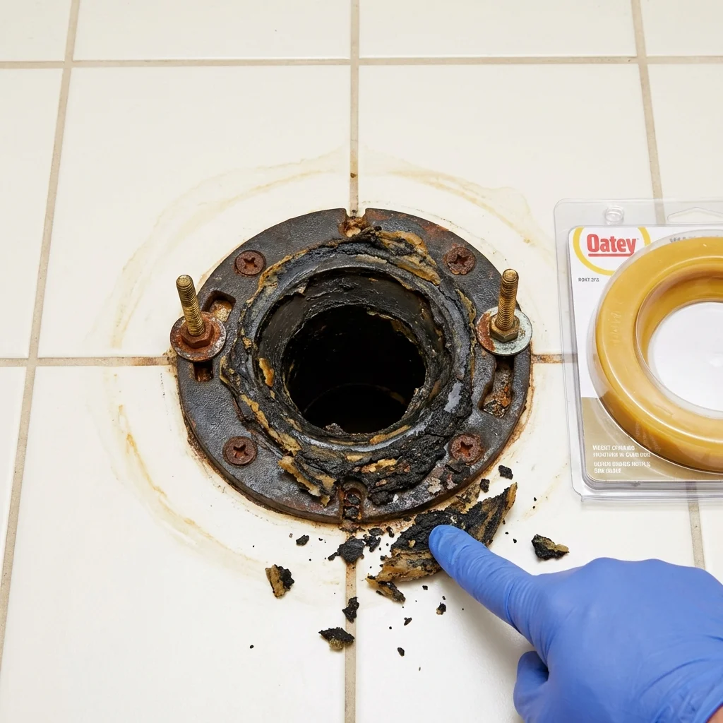Failed wax ring showing water seepage at the base of a toilet in a Dillingham, AK home