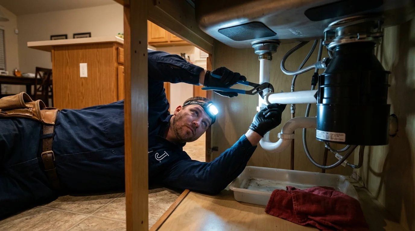 P-trap and supply line connections under a kitchen sink showing a common leak point in Dillingham, AK